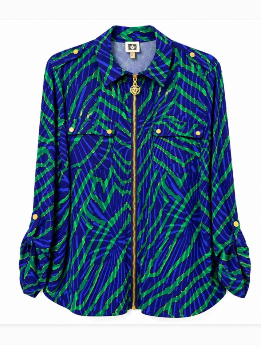 Anne Klein Blue Green Abstract Print Zip Front Blouse Top XL